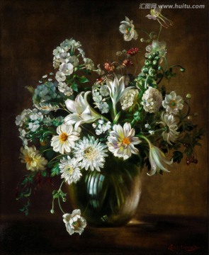 白色花卉欧式复古怀旧静物油画