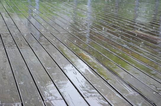 下雨天的实木栈道