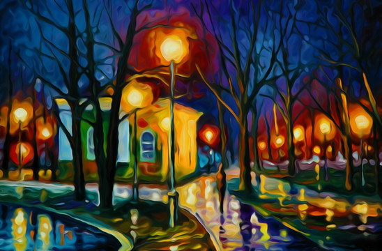 公园路灯夜景现代家居客厅装饰画