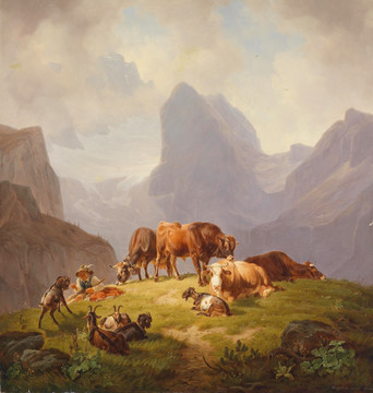 牛群牧场草原风景油画