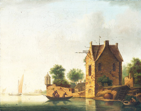 河流房子小船风景油画