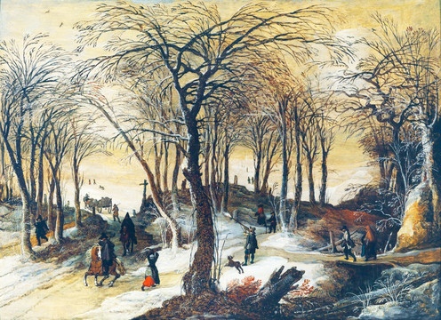 森林雪地风景油画