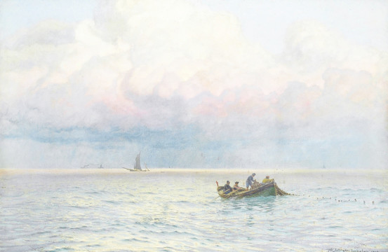 大海木船风景油画