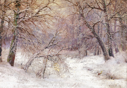 森林雪地风景油画