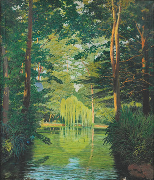 森林小河风景油画
