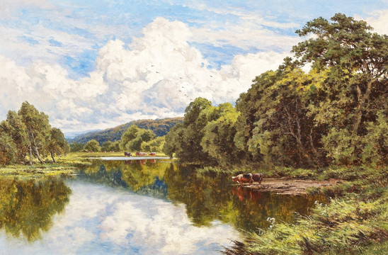 湖泊森林风景油画
