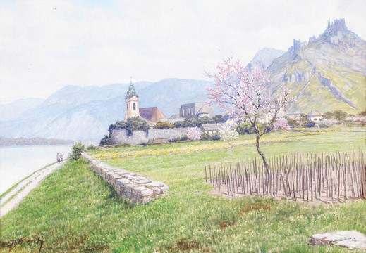 城堡教堂村落田园风景油画
