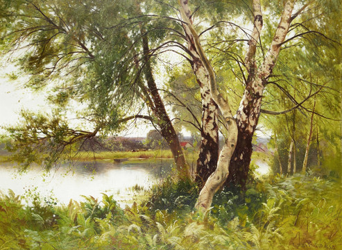 森林河流高清风景油画