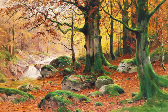 树叶林风景油画