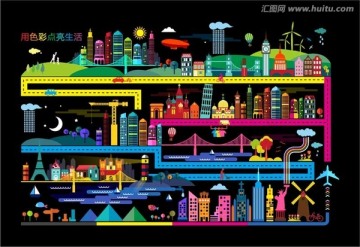 色彩鲜艳的卡通现代城市场景
