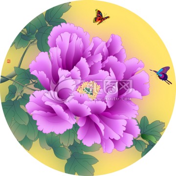 手绘牡丹团扇紫绡艳装