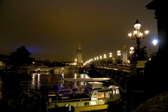 巴黎夜景 塞纳河 游船 古桥