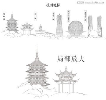 杭州地标线描