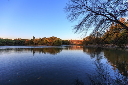 北京大学校园秋色未名湖备斋石舫