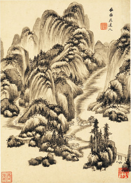 中式水墨山水古画 明代 王鉴