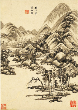 中式水墨山水古画 明代 王鉴