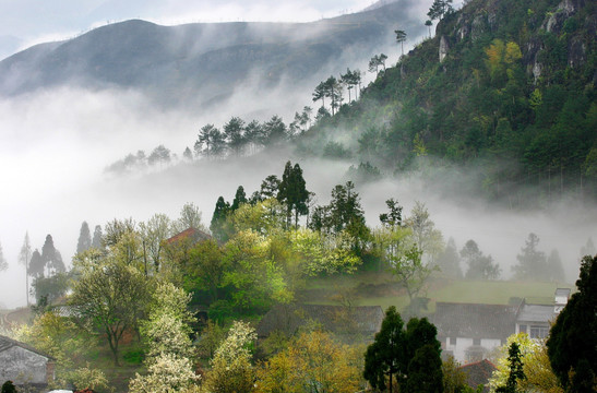 云雾缭绕山村