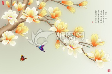 手绘玉兰花壁画电视背景墙
