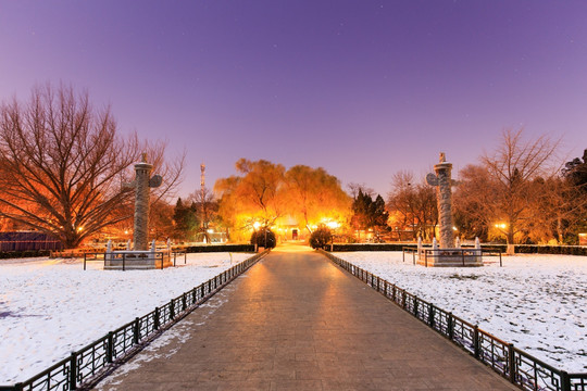 北京大学西校门华表雪景夜景