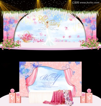 粉色系蓝色婚礼主题舞台效果图