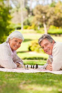 老夫妇趴在草地上下棋