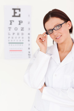 戴眼镜的女医生和视力测试表