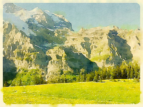 水彩画 瑞士风光