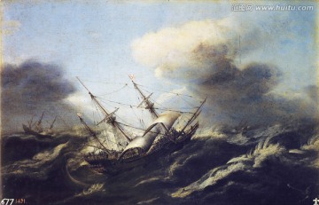 大海巨浪帆船风景油画