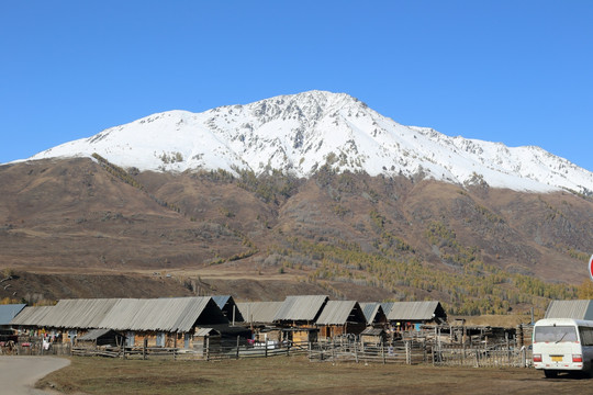 新疆禾木村农舍雪山