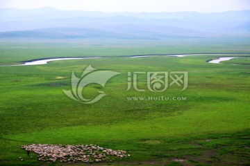 夏季草原羊群河流