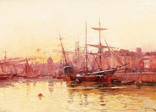 大海帆船渔港浪漫风景油画