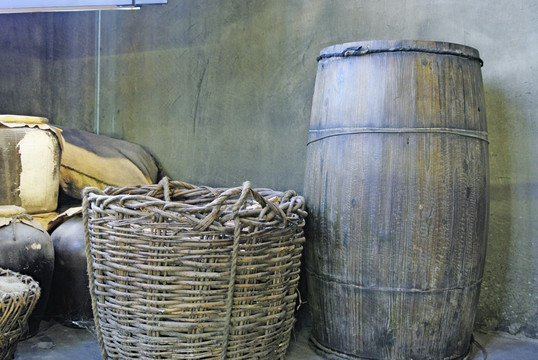 老上海厨房用具 竹筐米缸