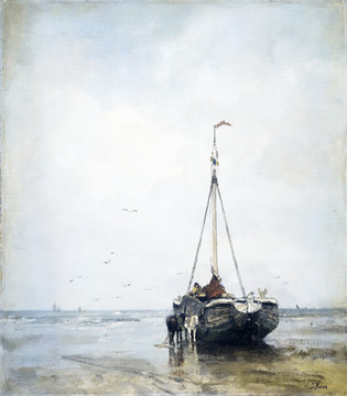 大海沙滩帆船古典风景油画