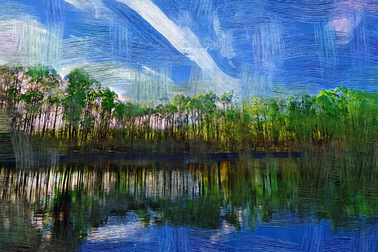 电脑油画 湖岸绿树林