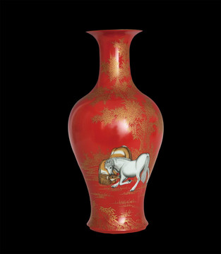 金丝马纹红釉瓶