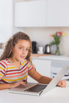 女孩子在厨房里用笔记本电脑