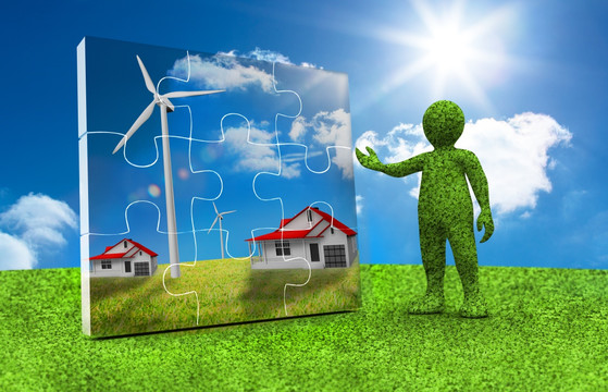 绿草人模型展示风车能源拼图