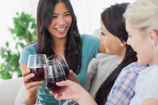 朋友们在沙发上喝红葡萄酒
