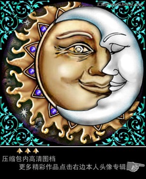手绘太阳月亮别墅房装饰画未分层