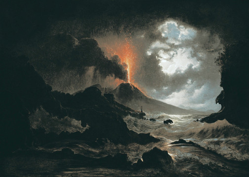 神秘火山风景油画