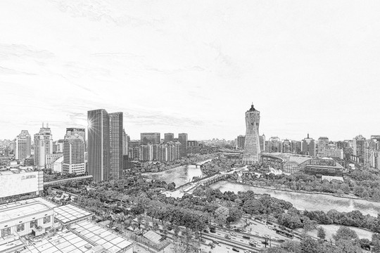 杭州西湖文化广场 线描