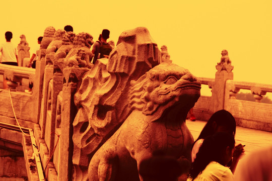 颐和园十七孔桥 石狮子