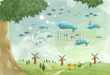 梦幻海豚水彩画儿童房背景