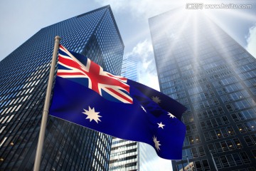 摩天大楼的低角度看澳大利亚国旗
