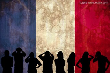 法国国旗下足球支持者的剪影