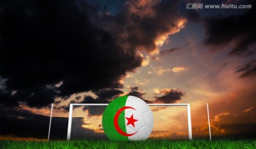 草地上的阿尔及利亚足球与球门