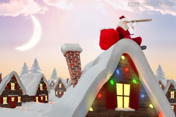 圣诞老人坐在屋顶上的复合形象