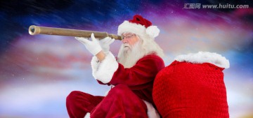 圣诞老人使用望远镜的复合图像