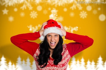 女人戴着圣诞帽大叫的复合形象