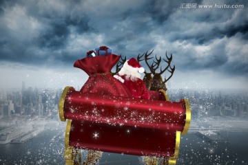 圣诞老人坐着雪橇飞行的复合形象